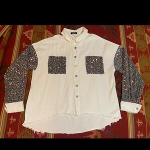 CHICME Sequin Sleeve Denim Shacket Women’s Oversized XL White Grey Concert EUC